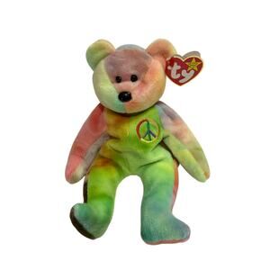 VTG Ty Beanie Baby/Attic Treasure Plush "Peace Teddy Bear" Animal Toy 1996